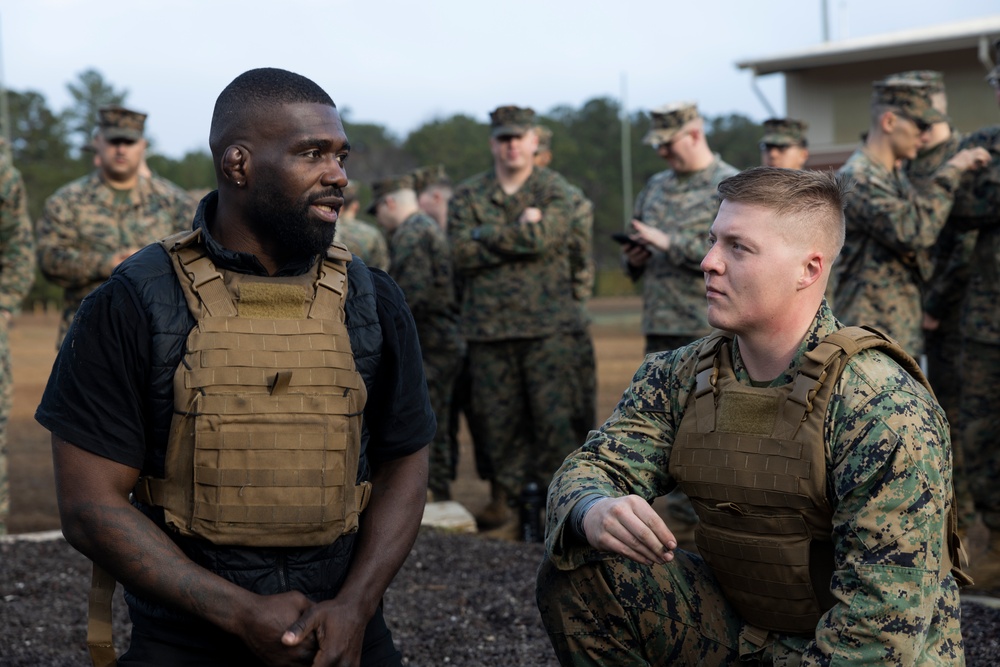 Professional mixed martial arts fighter Impa Kasanganay visits Marines from 2nd Low Altitude Air Defense Battalion