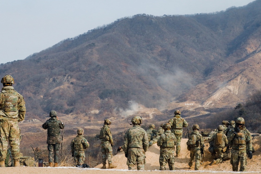 U.S. Army, Marines, and ROK army soldiers conduct training CALFEX at Rodriguez Live Fire Complex.