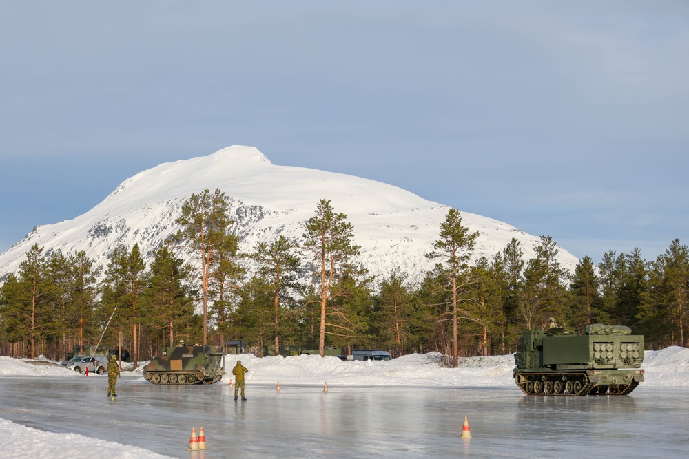 41st FAB Soldiers conduct M270A2 MLRS arctic drivers training led by Norwegian Army during Joint Viking 25