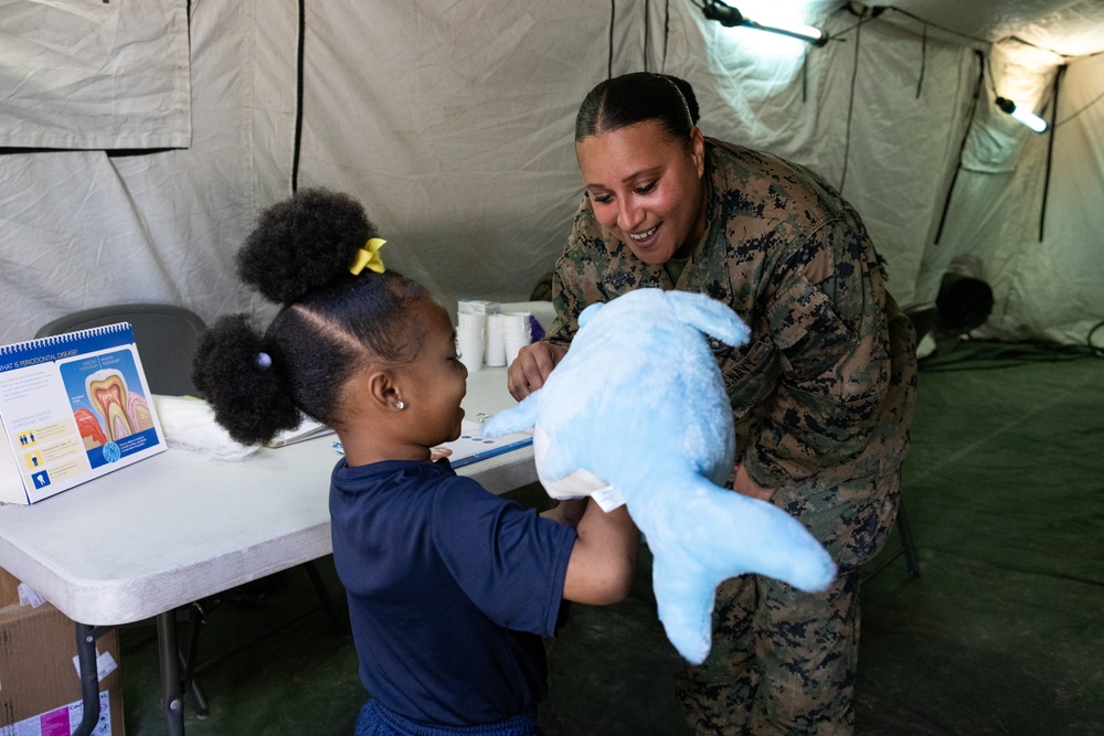 U.S. Marines and Sailors with II MEF engage in a medical and dental civil action program in The Bahamas