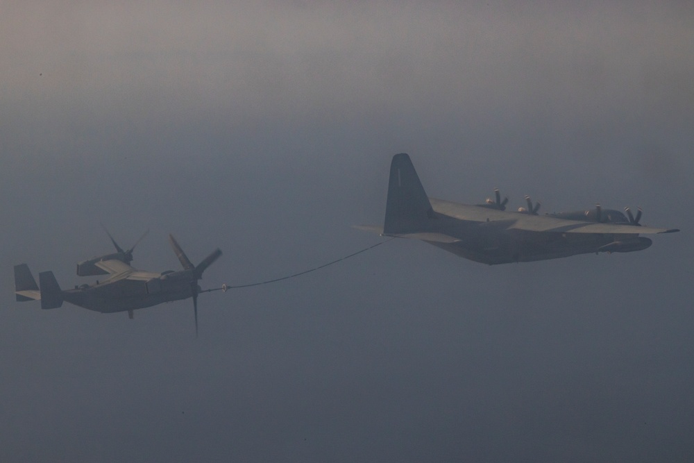 Iron Fist 25 | VMM-262 (Rein.) conducts Aerial Refuel of MV-22B Ospreys with C-130H