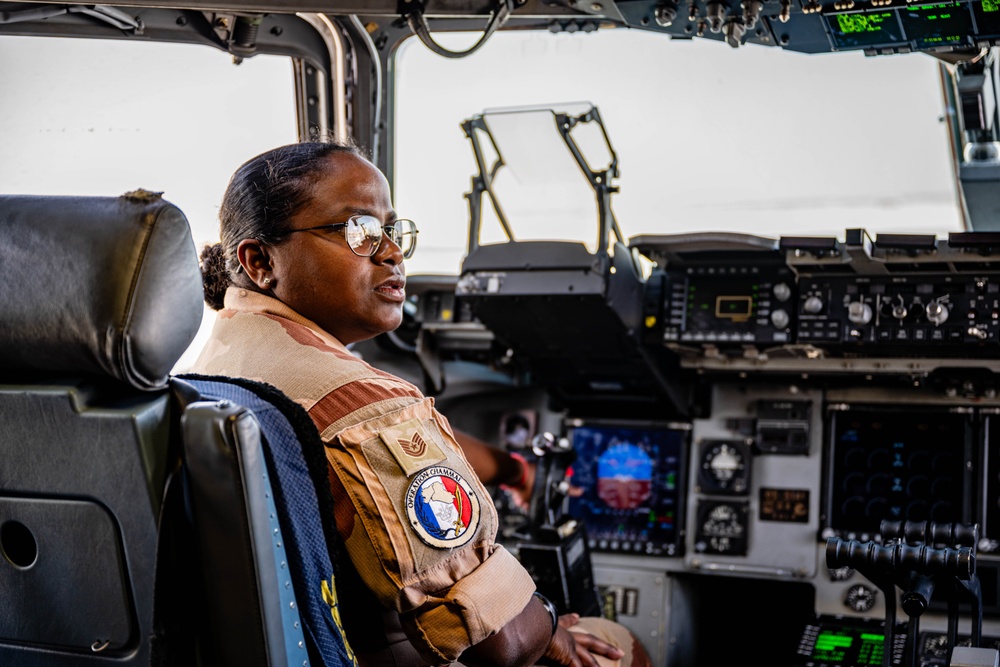 Combined Air Operation Center members attend a Pet the Jet event