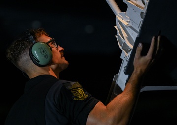 B-1B Lancers assigned to the 34th Expeditionary Bomb Squadron take off at Andersen AFB in support of BTF 25-1
