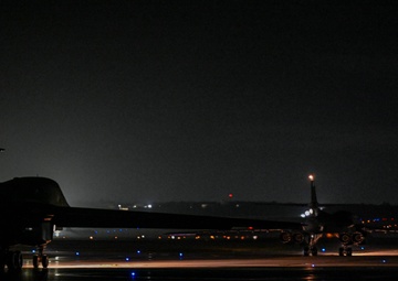 B-1B Lancers assigned to the 34th Expeditionary Bomb Squadron take off at Andersen AFB in support of BTF 25-1
