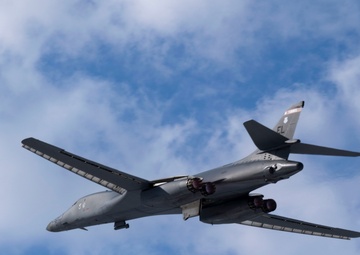 The 34th Expeditionary Bomb Squadron B-1B Lancer conducts final hot pit refuel operations during BTF 25-1 at Misawa Air Base, Japan