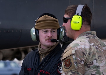 The 34th Expeditionary Bomb Squadron B-1B Lancer conducts final hot pit refuel operations during BTF 25-1 at Misawa Air Base, Japan