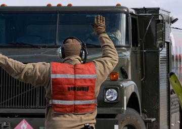 The 34th Expeditionary Bomb Squadron B-1B Lancer conducts final hot pit refuel operations during BTF 25-1 at Misawa Air Base, Japan