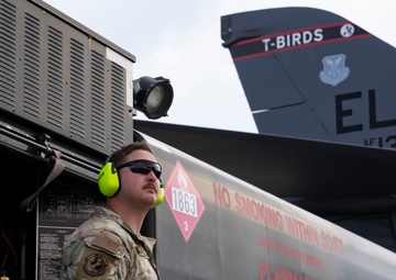 The 34th Expeditionary Bomb Squadron B-1B Lancer conducts final hot pit refuel operations during BTF 25-1 at Misawa Air Base, Japan