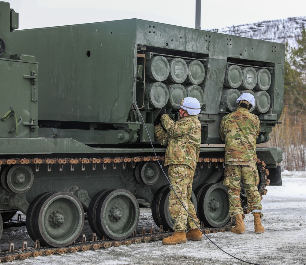 MLRS Battalion conducts reload on M270A2 during exercise in Norway