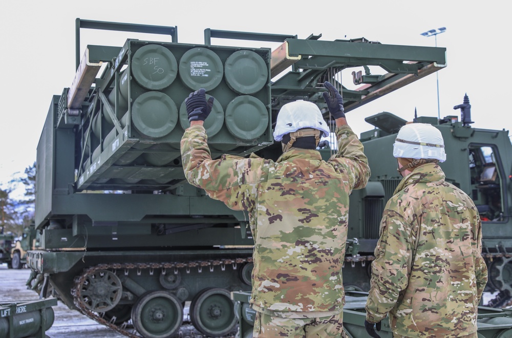 MLRS Battalion conducts reload on M270A2 during exercise in Norway