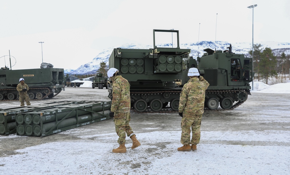MLRS Battalion conducts reload on M270A2 during exercise in Norway