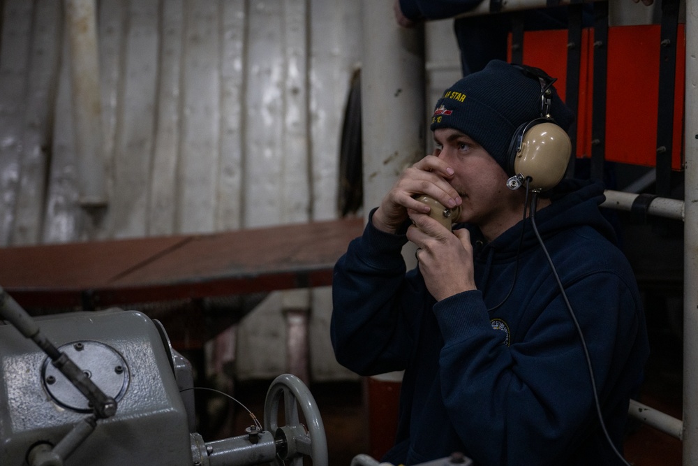 USCGC Polar Star (WAGB 10) conducts navigation and seamanship training in McMurdo Sound during Operation Deep Freeze