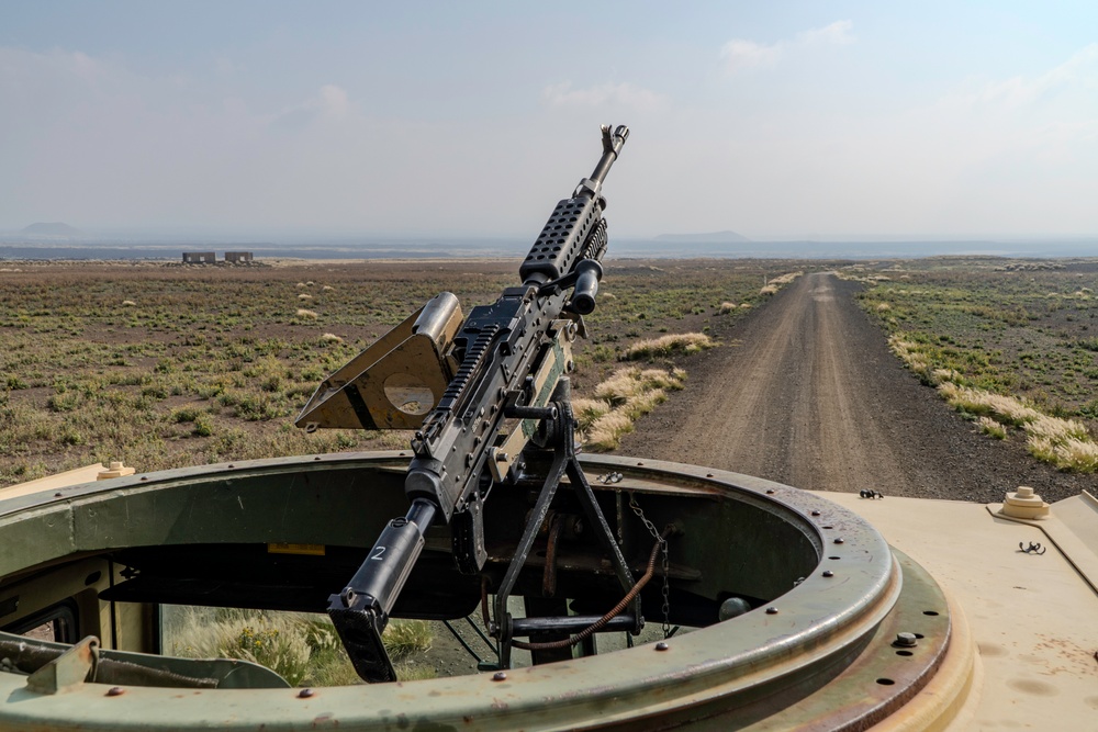 3-25 AVN Soldiers shoot M249 machine guns from LMTVs at Pohakuloa Training Area
