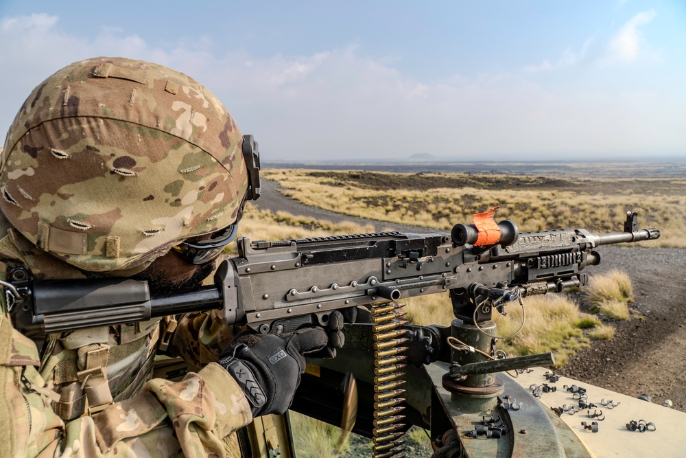 3-25 AVN Soldiers shoot M249 machine guns from LMTVs at Pohakuloa Training Area