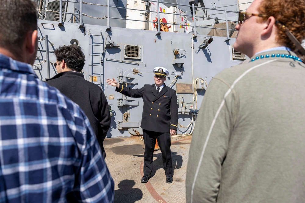 Visitors tour USS McFaul during Mardi Gras 2025