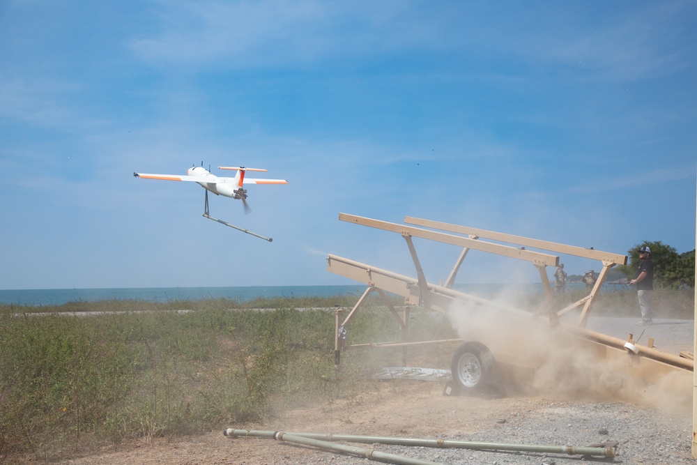 U.S. armed forces launch a target drone during a simulated maritime strike with the Thai, Republic of Korea, Singaporean armed forces during Cobra Gold