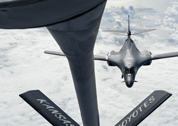 34th Expeditionary Bomb Squadron B-1B Lancers conduct aerial refueling in support of Bomber Task Force 25-1