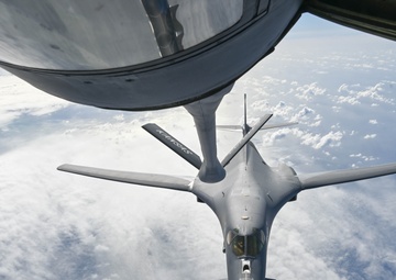 34th Expeditionary Bomb Squadron B-1B Lancers conduct aerial refueling in support of Bomber Task Force 25-1
