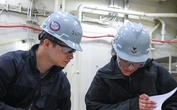 USS Ronald Reagan (CVN 76) Sailors perform maintenance