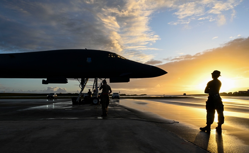 U.S. Air Force B-1B Lancers assigned to the 34th Expeditionary Bomb Squadron launch to support BTF 25-1 training mission