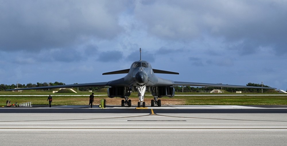 U.S. Air Force B-1B Lancers assigned to the 34th Expeditionary Bomb Squadron launch to support BTF 25-1 training mission