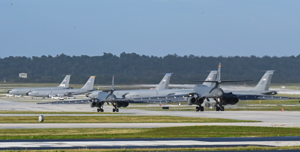 U.S. Air Force B-1B Lancers assigned to the 34th Expeditionary Bomb Squadron launch to support BTF 25-1 training mission