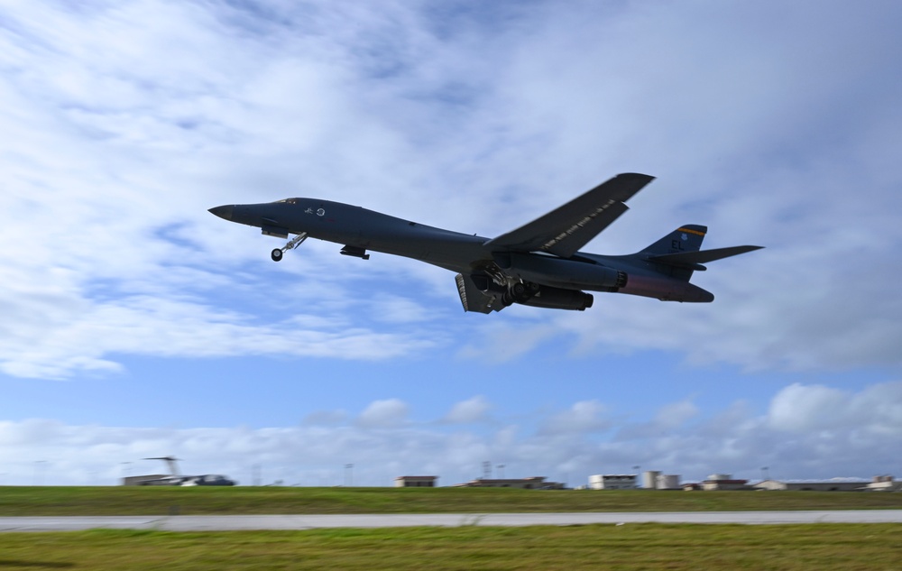 U.S. Air Force B-1B Lancers assigned to the 34th Expeditionary Bomb Squadron launch to support BTF 25-1 training mission