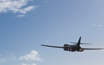 U.S. Air Force B-1B Lancers assigned to the 34th Expeditionary Bomb Squadron launch to support BTF 25-1 training mission