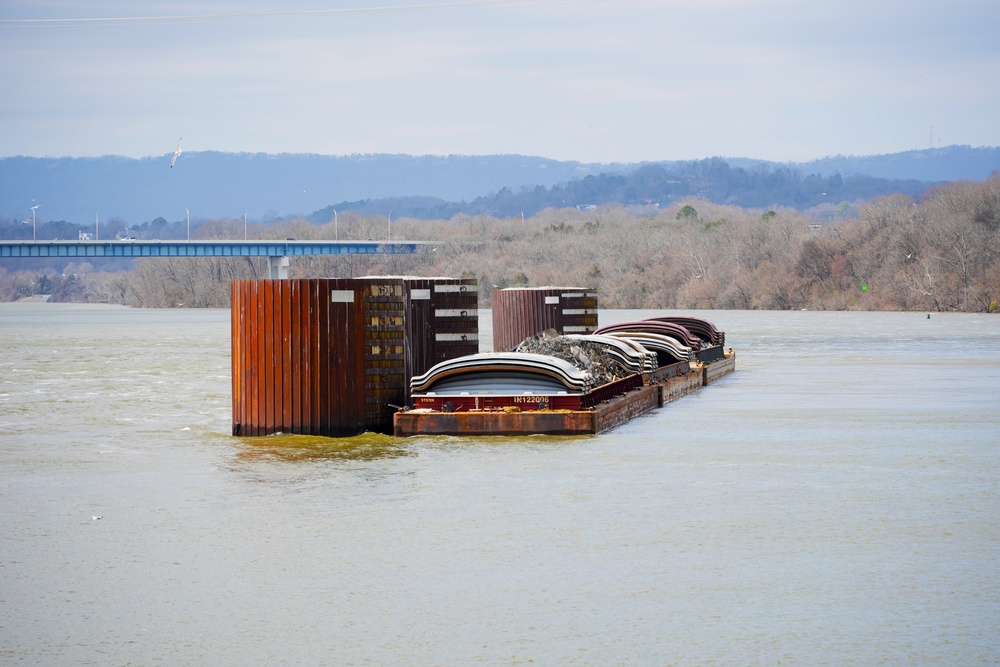 Barges tied to mooring cells on Tennessee River