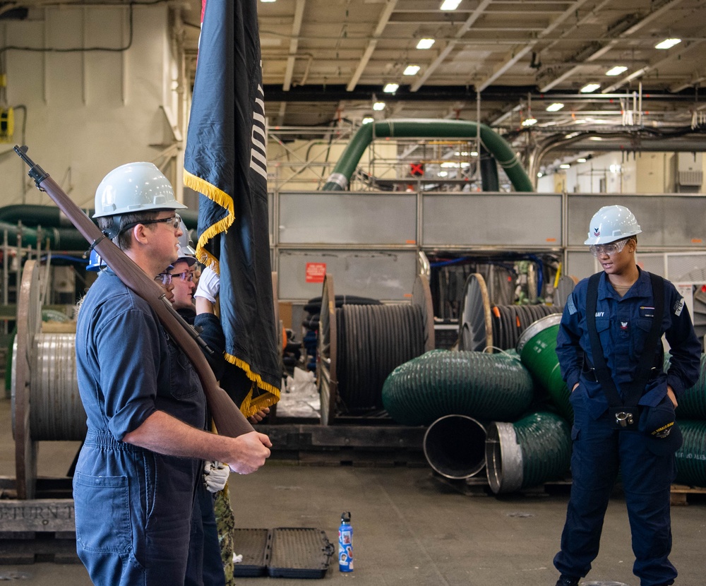 USS Ronald Reagan (CVN 76) Sailors conduct honor guard practice