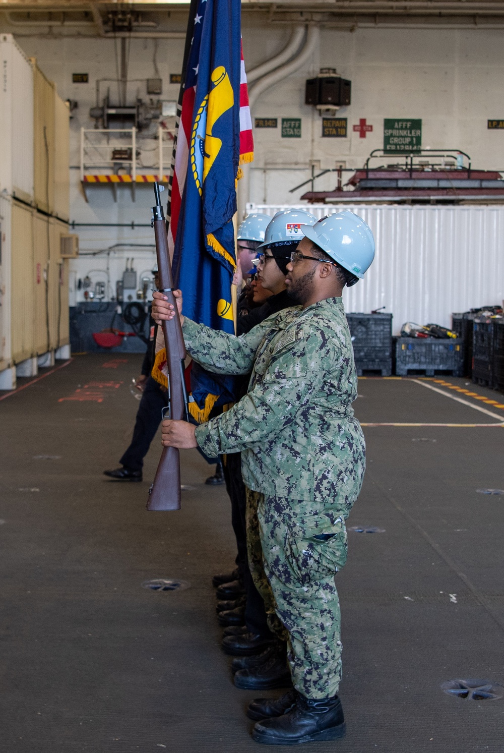 USS Ronald Reagan (CVN 76) Sailors conduct honor guard practice