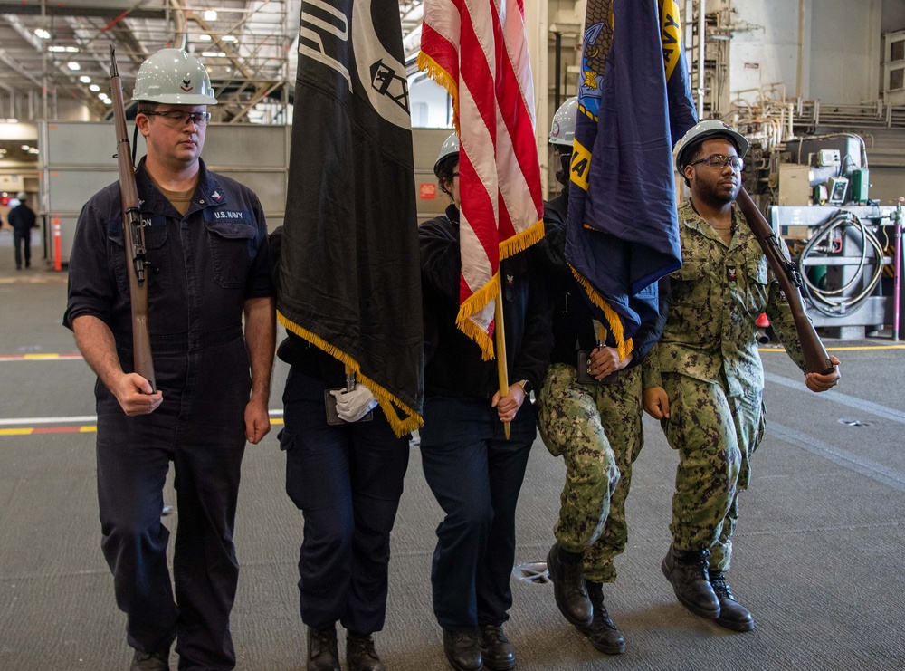 USS Ronald Reagan (CVN 76) Sailors conduct honor guard practice