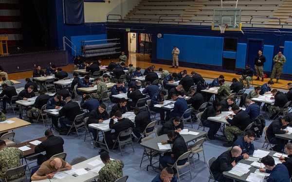 USS Ronald Reagan (CVN 76) Sailors take Navy-wide E-6 advancement exam