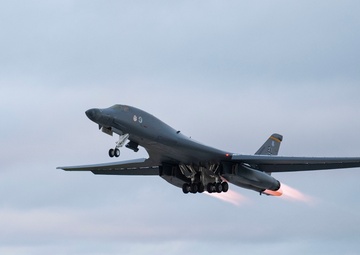A B-1B Lancer assigned to the 34th Expeditionary Bomb Squadron takes off to conduct one of the last flying sorties in support of BTF 25-1, Mar. 6, 2025