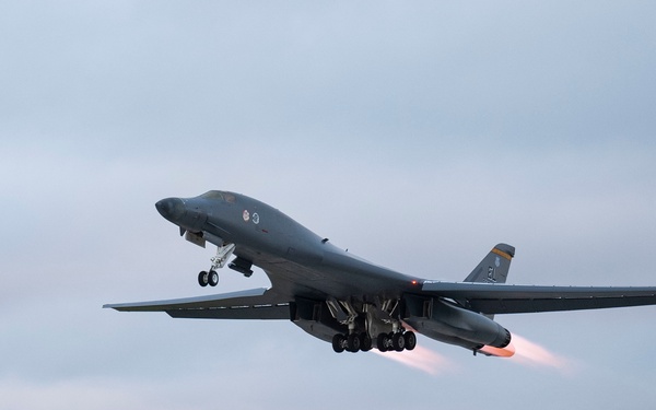 A B-1B Lancer assigned to the 34th Expeditionary Bomb Squadron takes off to conduct one of the last flying sorties in support of BTF 25-1, Mar. 6, 2025