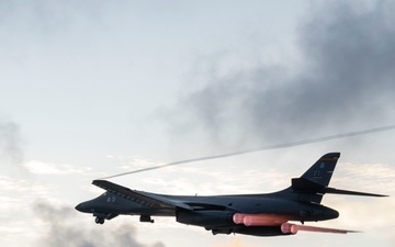 A B-1B Lancer assigned to the 34th Expeditionary Bomb Squadron takes off to conduct one of the last flying sorties in support of BTF 25-1, Mar. 6, 2025