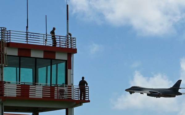 U.S. Air Force B-1B Lancer assigned to the 34th Expeditionary Bomb Squadron takes off to support BTF 25-1 training mission