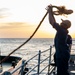 USS Normandy performs sea and anchor while pulling into Curacao