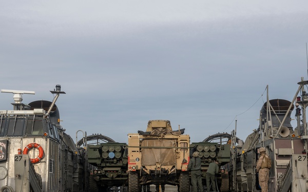 QUART 25.2: Marines and Sailors perform LCAC drills with HIMARS on Red Beach