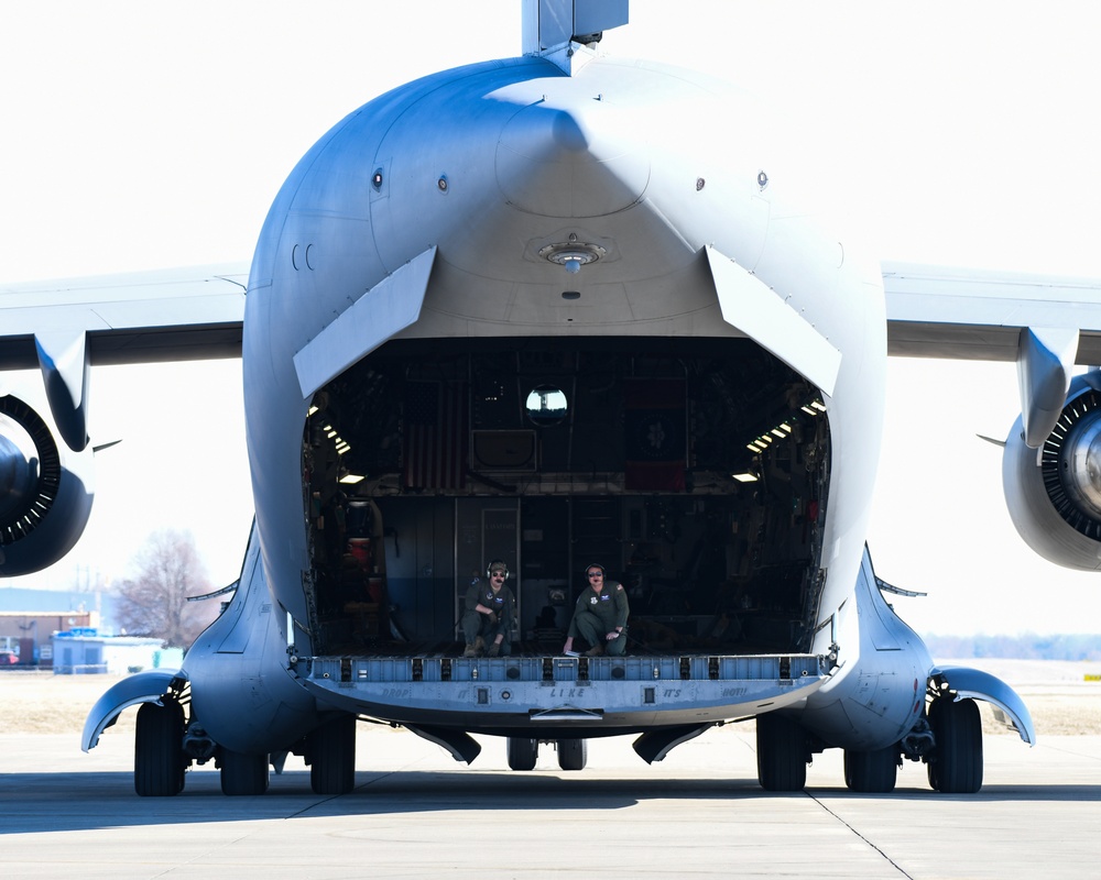 172nd Airlift Wing crew members perform pre-flight checks before departure from Springfield-Beckley Municipal Airport