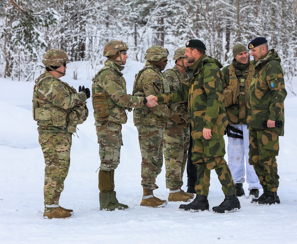 Norwegian Crown Prince Haakon visits MLRS battalion Soldiers during exercise Joint Viking 25 in Norway