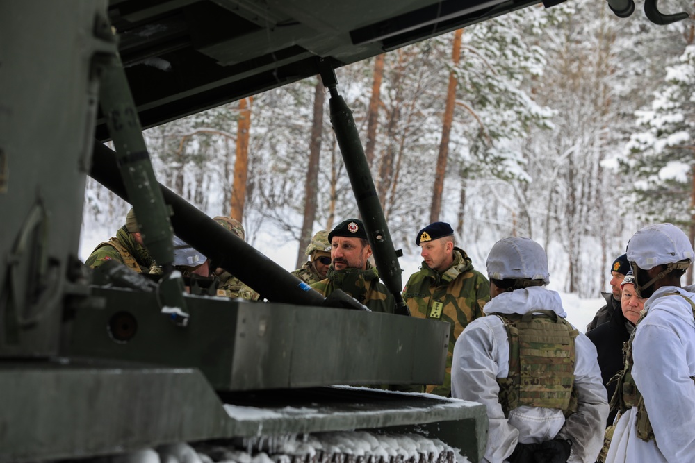 Norwegian Crown Prince Haakon visits MLRS battalion Soldiers during exercise Joint Viking 25 in Norway