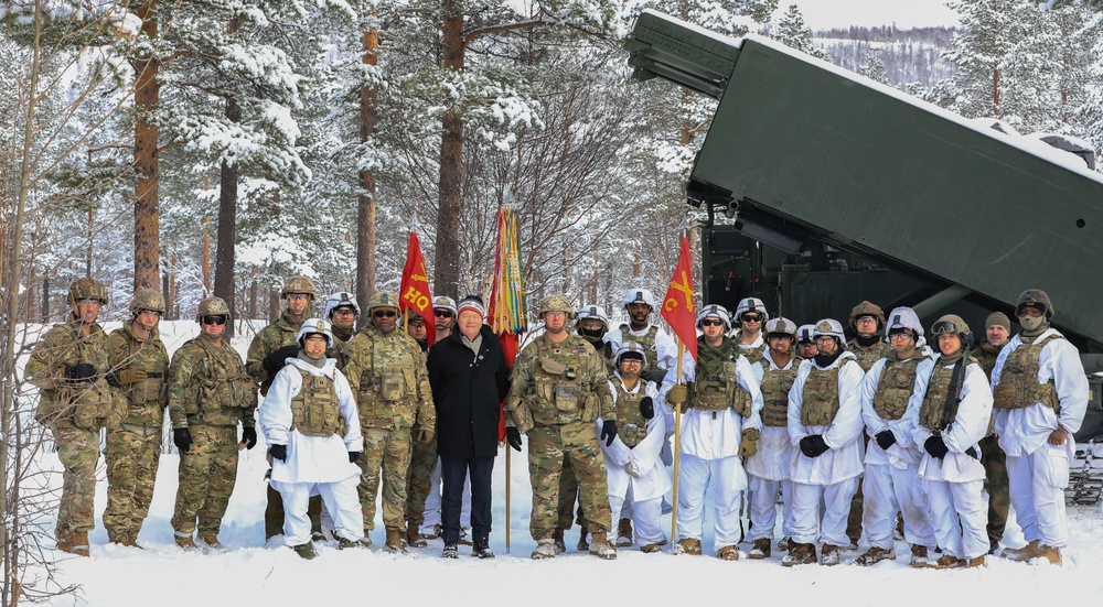 Norwegian Crown Prince Haakon visits MLRS battalion Soldiers during exercise Joint Viking 25 in Norway