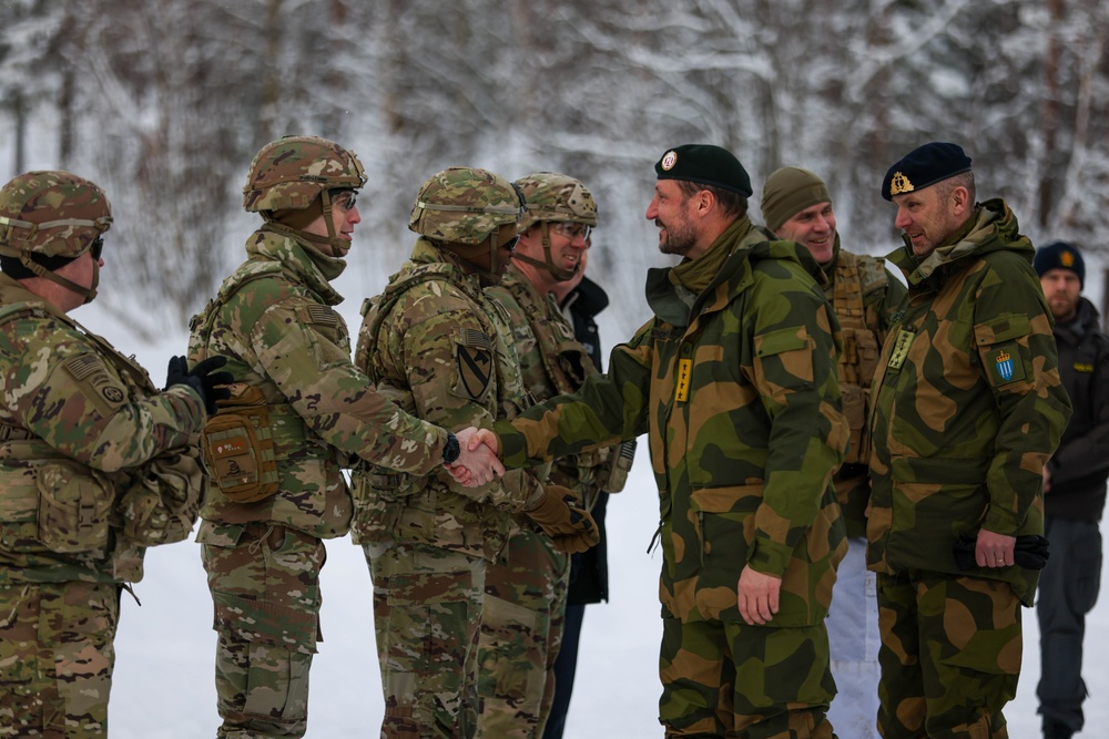 Norwegian Crown Prince Haakon visits MLRS battalion Soldiers during exercise Joint Viking 25 in Norway