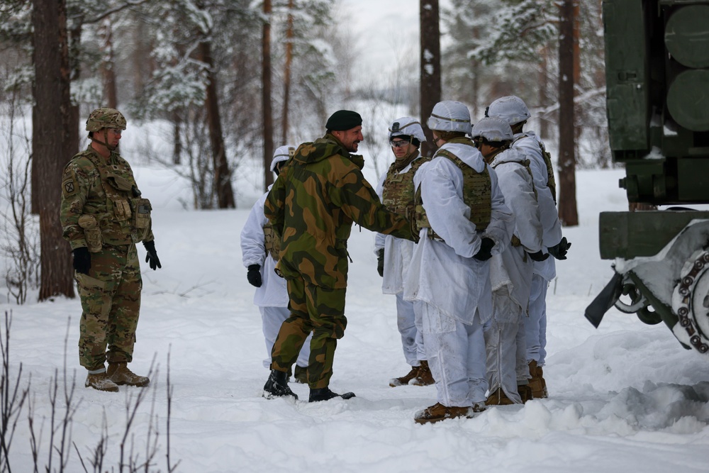 Norwegian Crown Prince Haakon visits MLRS battalion Soldiers during exercise Joint Viking 25 in Norway