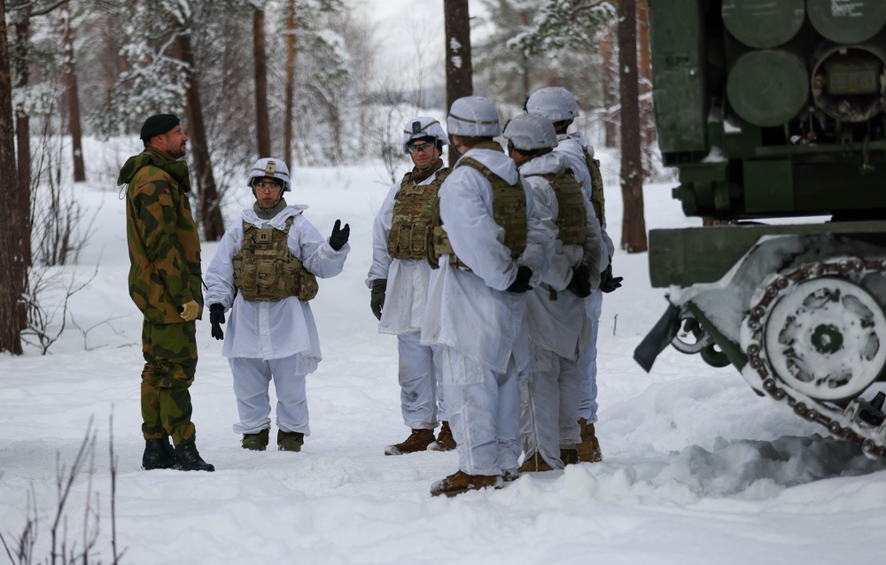 Norwegian Crown Prince Haakon visits MLRS battalion Soldiers during exercise Joint Viking 25 in Norway