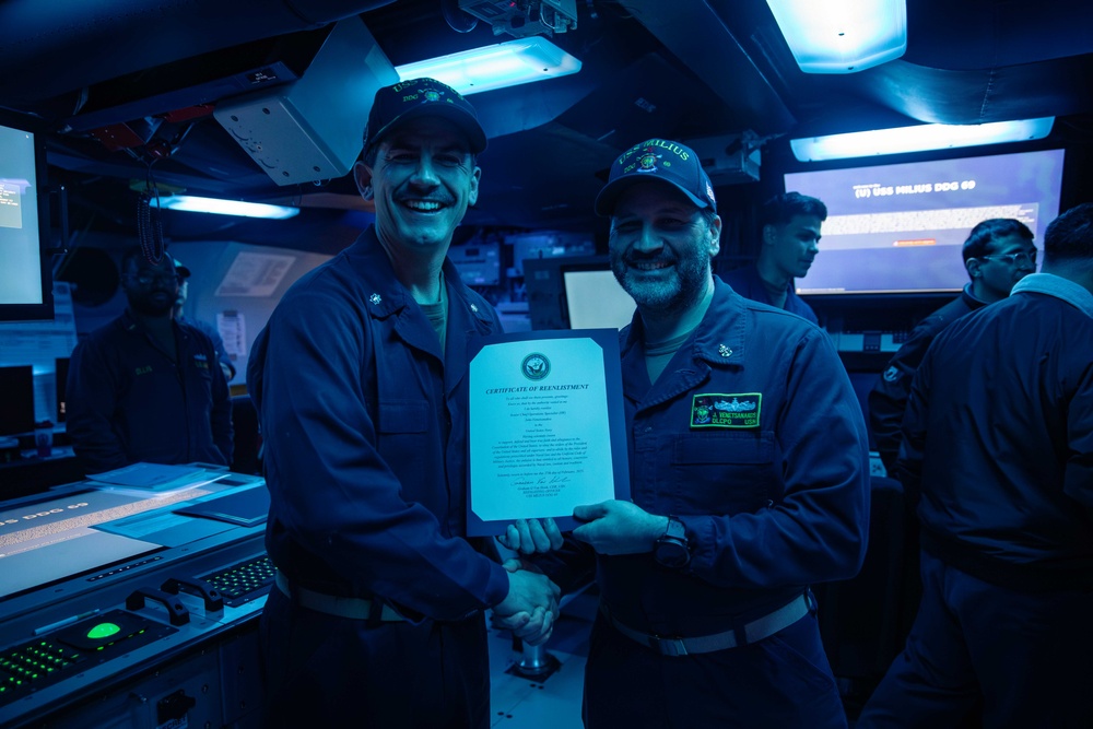 USS Milius Conducts Reenlistment Ceremony