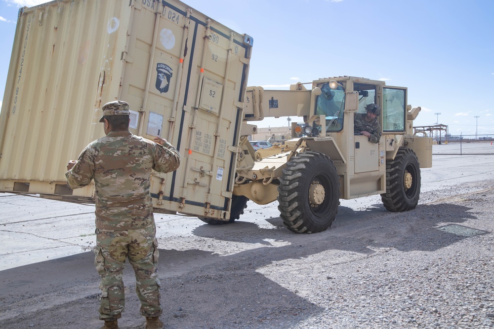 101st Division Sustainment Brigade receive equipment in Fort Bliss, Texas to support the southern border mission