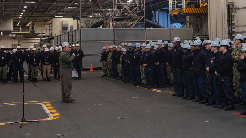 USS Ronald Reagan (CVN 76) Sailors attend a safety all-hands call