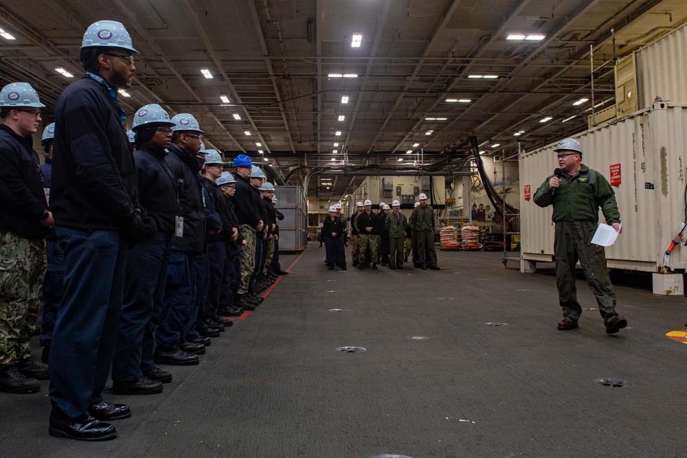 USS Ronald Reagan (CVN 76) Sailors attend a safety all-hands call